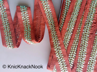 Purple / Blue / Brown Fabric Trim With Silver And Gold Kundan Beads Work, Approx. 36mm Wide - 200317L526/27/28